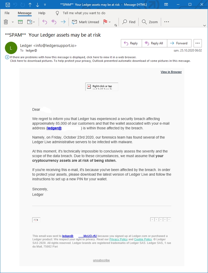 Phishing e-mail finta di Ledger